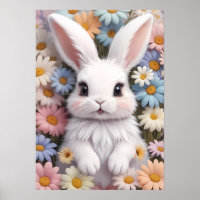 Cute White Bunny Pastel Daisy Flowers