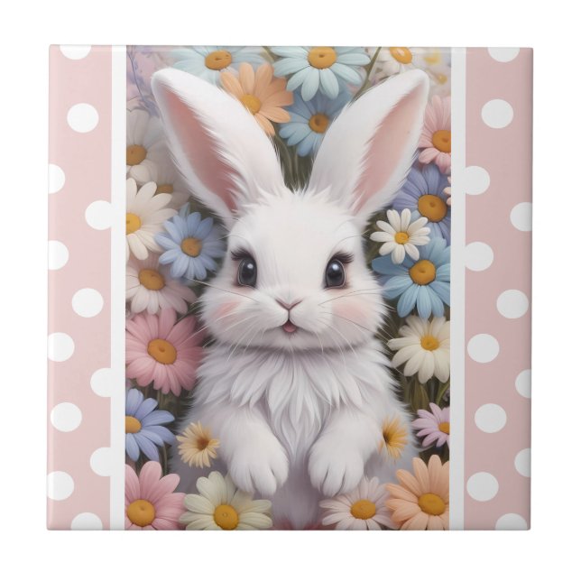 Cute White Bunny Pastel Daisy Flowers Tile (Front)