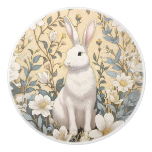 Cute White Bunny Pastel Yellow Floral  Ceramic Knob