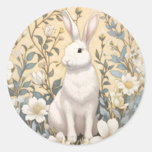Cute White Bunny Pastel Yellow Floral Classic Round Sticker