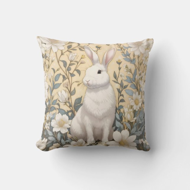 Cute White Bunny Pastel Yellow Floral  Cushion (Front)