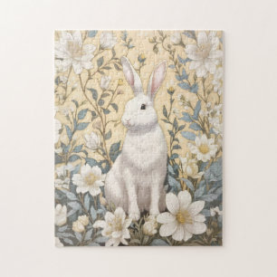 Cute White Bunny Pastel Yellow Floral Jigsaw Puzzle