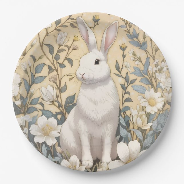 Cute White Bunny Pastel Yellow Floral  Paper Plate (Front)