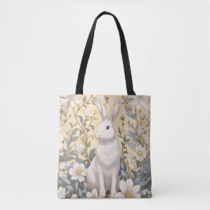 Cute White Bunny Pastel Yellow Floral Tote Bag