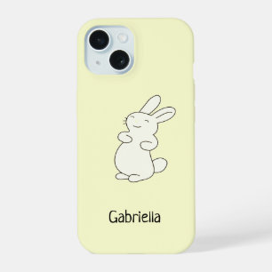 Cute white bunny personalised name yellow iPhone 15 case