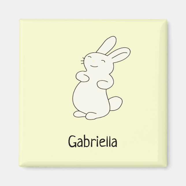 Cute white bunny personalised name yellow magnet (Front)