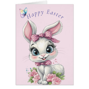 Cute White Bunny Pink Bow Roses Butterfly