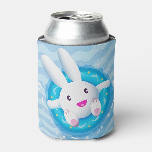 Cute White Bunny Pool Party Can Cooler (Can Front)
