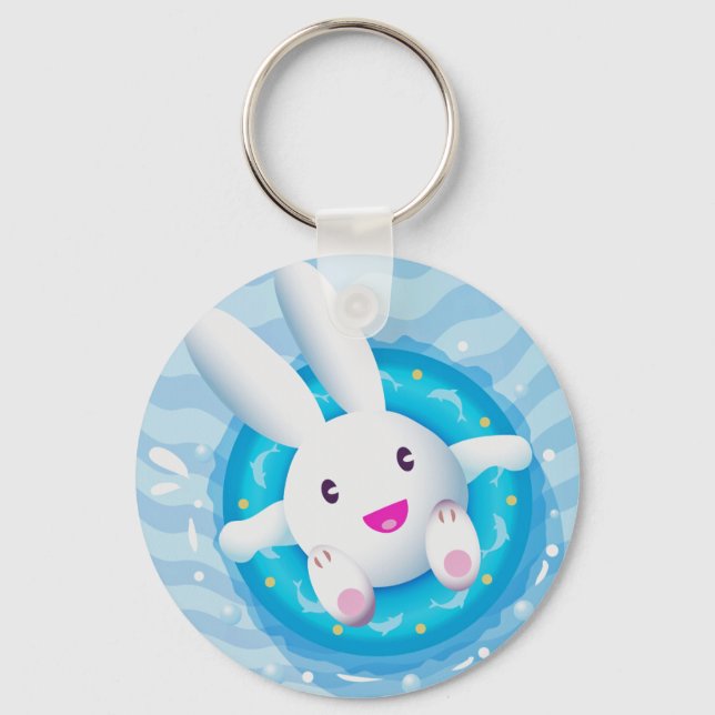 Cute White Bunny Pool Party Key Ring (Front)