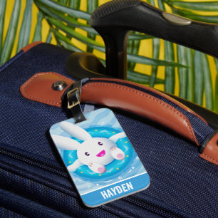 Cute White Bunny Pool Party Personalised Luggage Tag