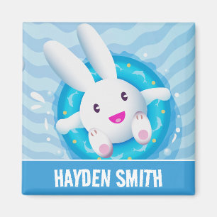 Cute White Bunny Pool Party Personalised Magnet