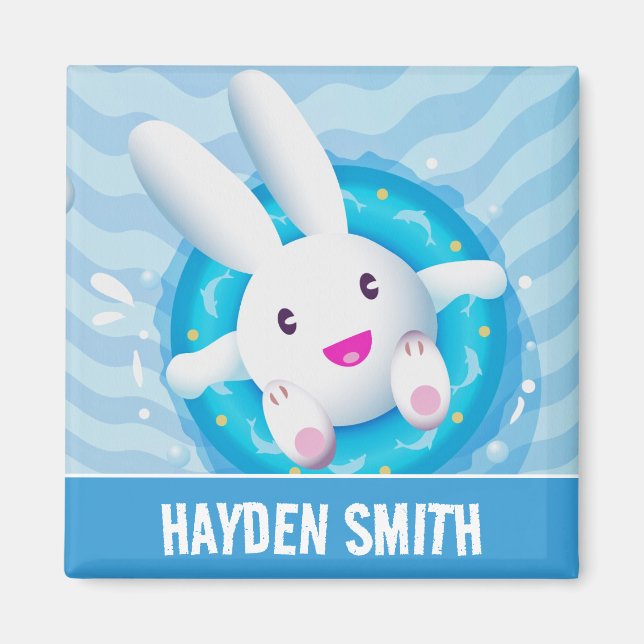 Cute White Bunny Pool Party Personalised Magnet (Front)
