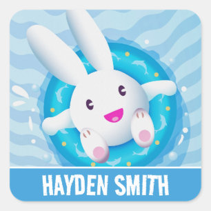 Cute White Bunny Pool Party Personalised Square Sticker
