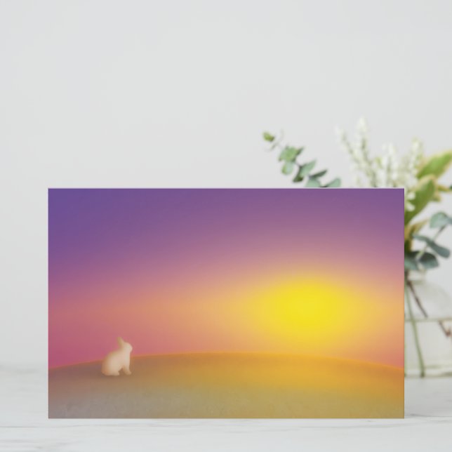 Cute White Bunny Rabbit on Grassy Hill at Sunrise (Standing Front)