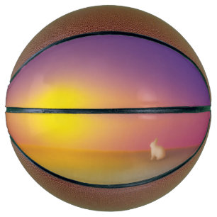 Cute White Bunny Rabbit on Grassy Hill at Sunrise Basketball