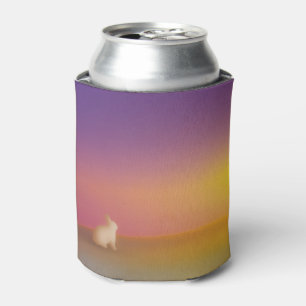 Cute White Bunny Rabbit on Grassy Hill at Sunrise Can Cooler