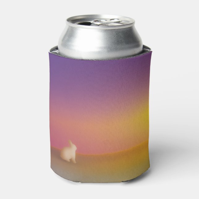 Cute White Bunny Rabbit on Grassy Hill at Sunrise Can Cooler (Can Front)
