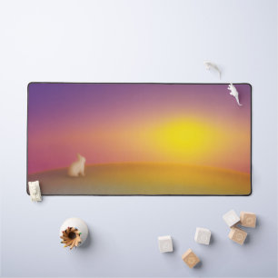 Cute White Bunny Rabbit on Grassy Hill at Sunrise Desk Mat