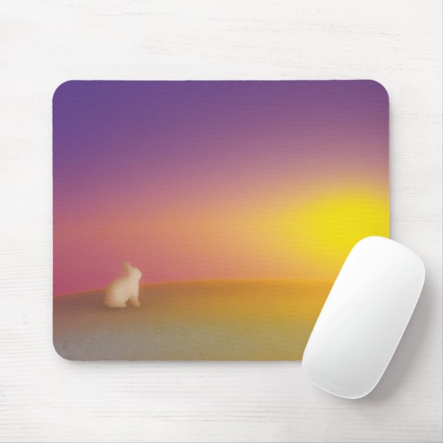 Cute White Bunny Rabbit on Grassy Hill at Sunrise Mouse Mat (With Mouse)
