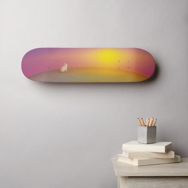 Cute White Bunny Rabbit on Grassy Hill at Sunrise Skateboard (Wall Art (Horz))