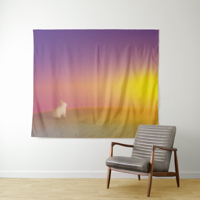 Cute White Bunny Rabbit on Grassy Hill at Sunrise Tapestry (In Situ (Horizontal))