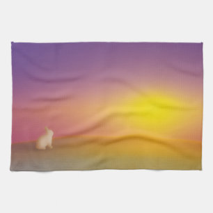 Cute White Bunny Rabbit on Grassy Hill at Sunrise Tea Towel
