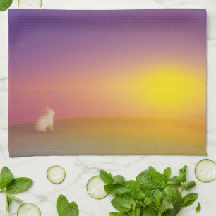 Cute White Bunny Rabbit on Grassy Hill at Sunrise Tea Towel