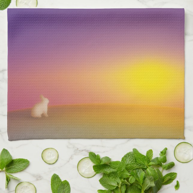 Cute White Bunny Rabbit on Grassy Hill at Sunrise Tea Towel (Folded)
