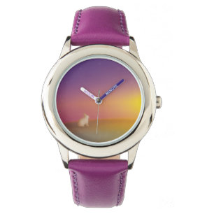 Cute White Bunny Rabbit on Grassy Hill at Sunrise Watch