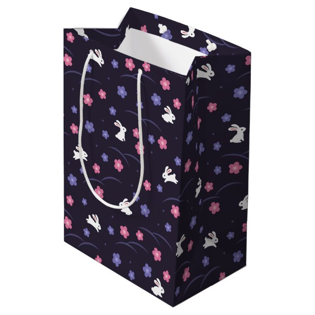Cute White Bunny Rabbits and Flowers Pattern Medium Gift Bag (Back Angled)