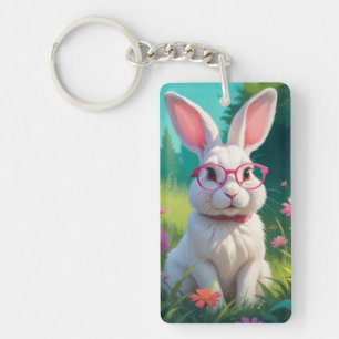 Cute White Bunny Sitting on Green Grass Key Ring