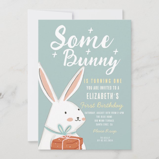 Cute White Bunny Some Bunny Turning One Birthday Invitation (Front)