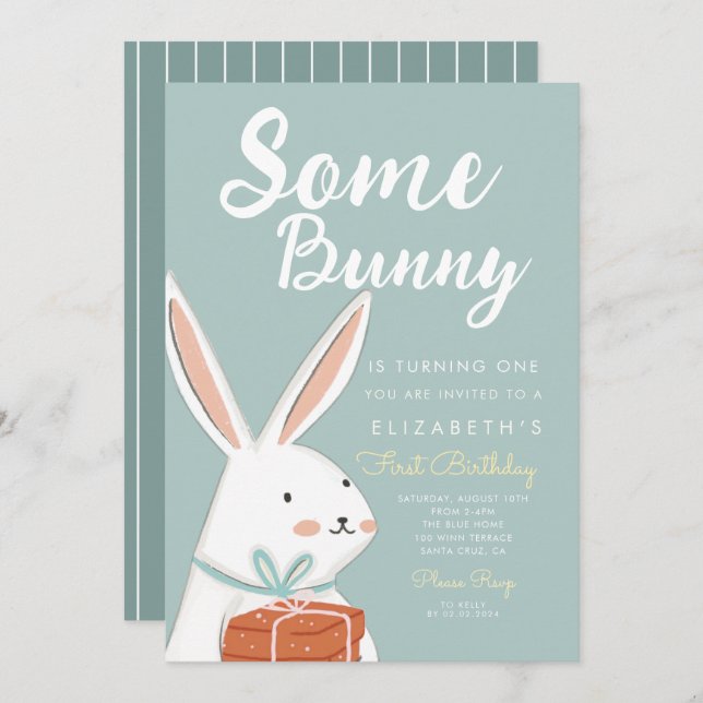 Cute White Bunny Some Bunny Turning One Birthday Invitation (Front/Back)