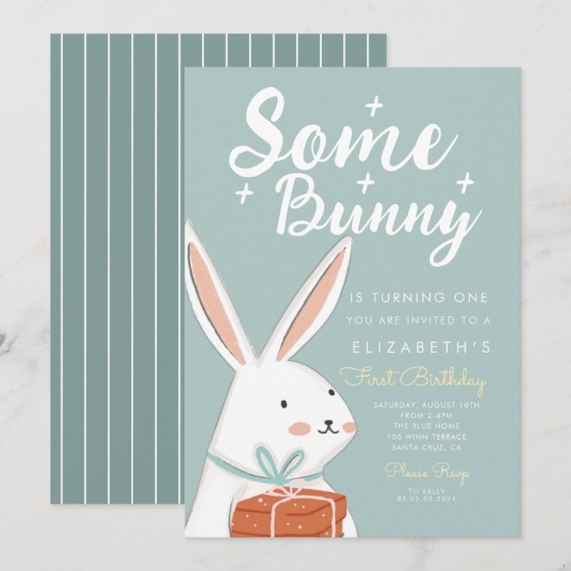 Cute White Bunny Some Bunny Turning One Birthday Invitation (Front/Back)