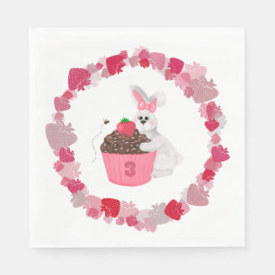 Cute White Bunny & Strawberry Cupcake Girls Napkin