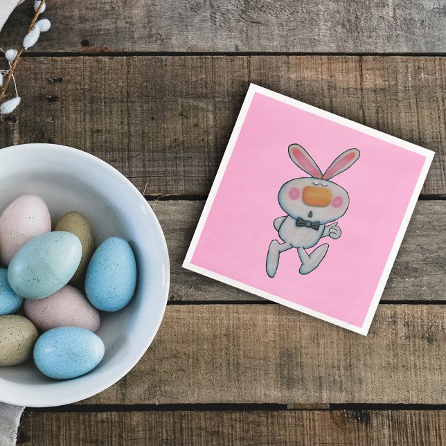 Cute White Bunny Thumbs Up Orange Nose on Pink Napkin (Thumbs up cute white rabbit orange nose bow tie on bright pink paper party napkin.)