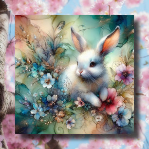 Cute White Bunny Watercolor Flowers Glitter Easter Holiday Card