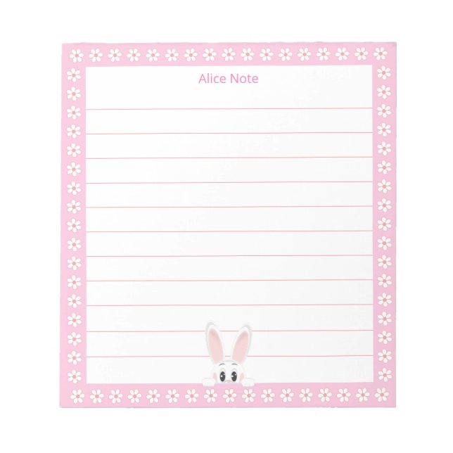 Cute White Bunny & White Flowers on Lined Notepad (Front)