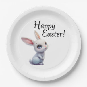 Cute White Bunny with Big Blue Eyes Happy Easter Paper Plate