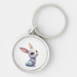 Cute White Bunny with Big Blue Eyes Key Ring