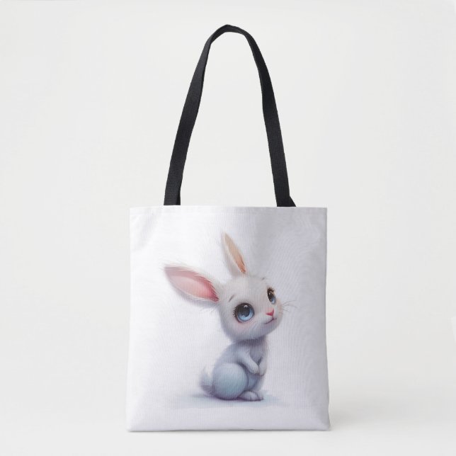 Cute White Bunny with Big Blue Eyes Tote Bag (Front)