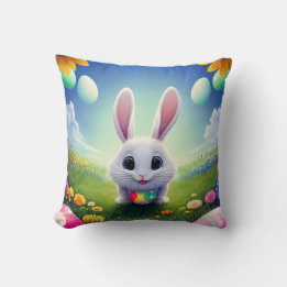 Cute White Bunny with Easter Eggs Cushion