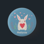 Cute White Bunny With Heart Personalised 3 Cm Round Badge<br><div class="desc">Adorable white rabbit holding a red heart with spring flowers and pink hearts overhead.</div>
