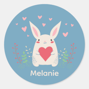 Cute White Bunny With Heart Personalised Classic Round Sticker
