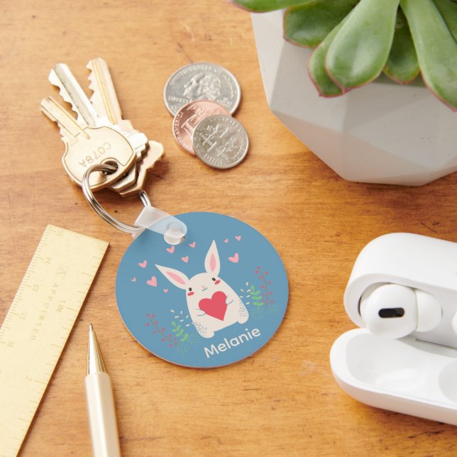 Cute White Bunny With Heart Personalised Key Ring (Desk)
