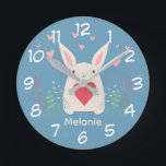 Cute White Bunny With Heart Personalised Round Clock<br><div class="desc">Adorable white rabbit holding a red heart with spring flowers and pink hearts overhead.</div>