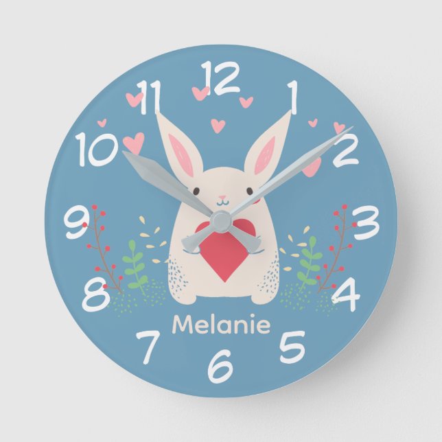 Cute White Bunny With Heart Personalised Round Clock (Front)
