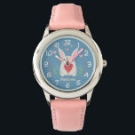 Cute White Bunny With Heart Personalised Watch<br><div class="desc">Adorable white rabbit holding a red heart with spring flowers and pink hearts overhead.</div>