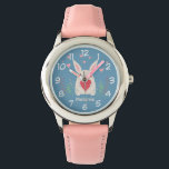 Cute White Bunny With Heart Personalised Watch<br><div class="desc">Adorable white rabbit holding a red heart with spring flowers and pink hearts overhead.</div>