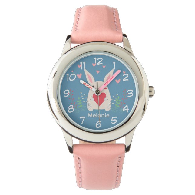 Cute White Bunny With Heart Personalised Watch (Front)